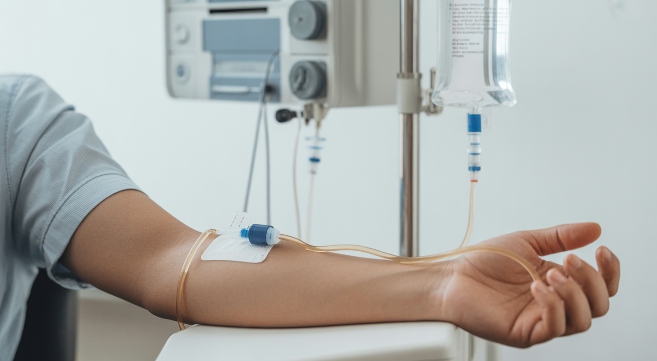 IV hydration therapy drip being administered to a person's arm, showcasing the quick and effective way to restore the body's balance with essential fluids, vitamins, and minerals.